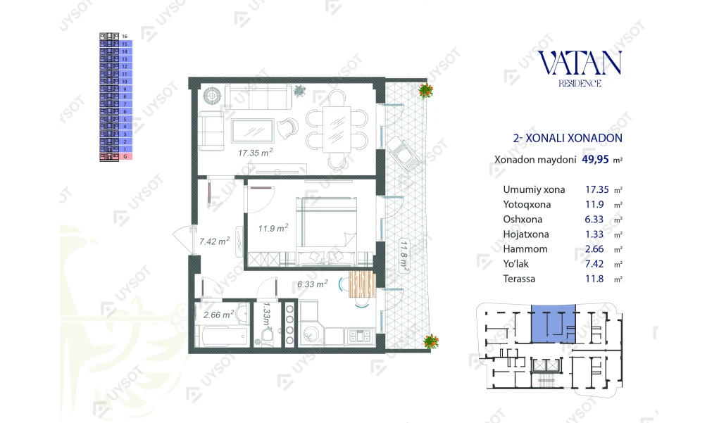 2-xonali xonadon 49.95 m²  15/15 qavat