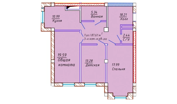 3-xonali xonadon 87.61 m²  9/10 qavat | Samarqand Park Avenue Turar-joy majmuasi