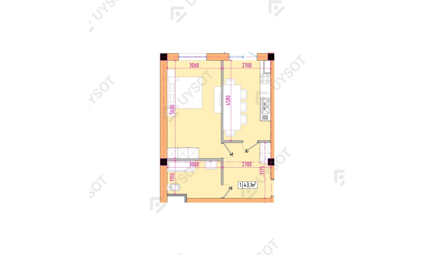 1-xonali xonadon 43.1 m²  2-11/2-11 qavat