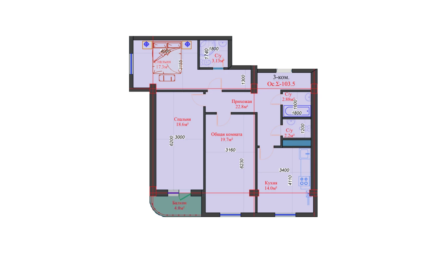 3-комнатная квартира 103.5 м²  5/5 этаж