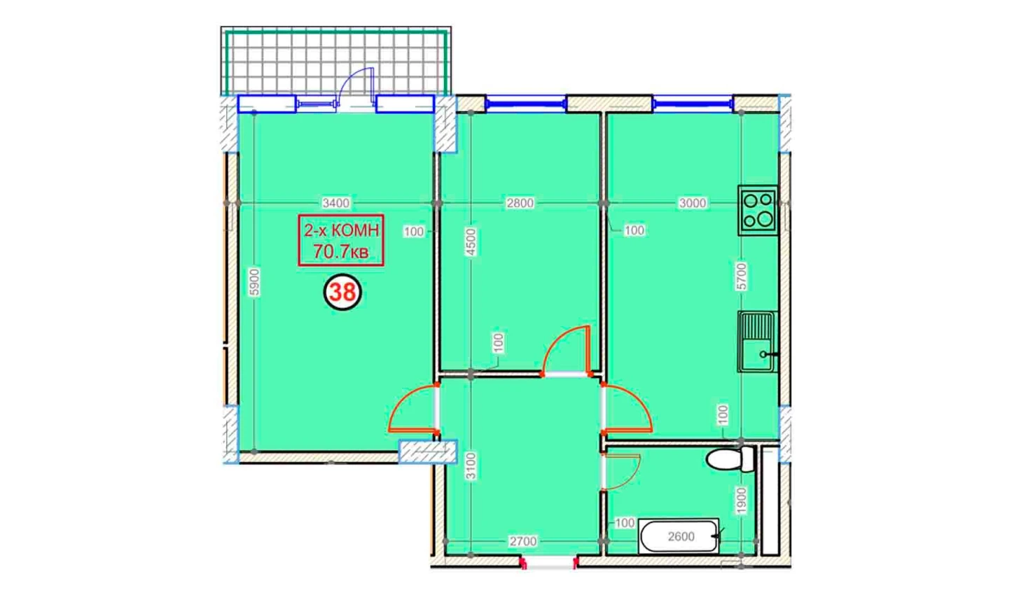 2-комнатная квартира 70.7 м²  9/9 этаж