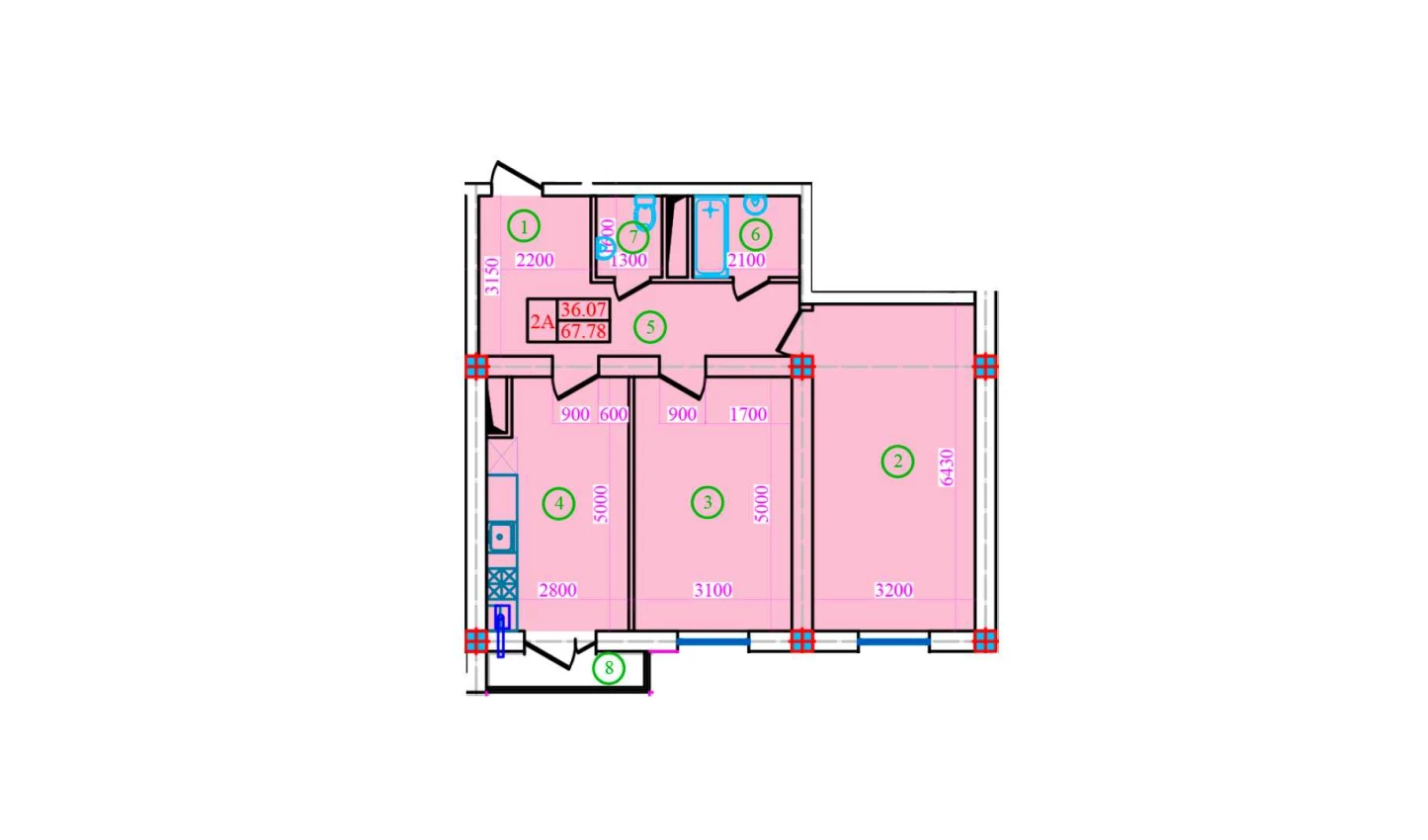 2-комнатная квартира 67.78 м²  1/1 этаж