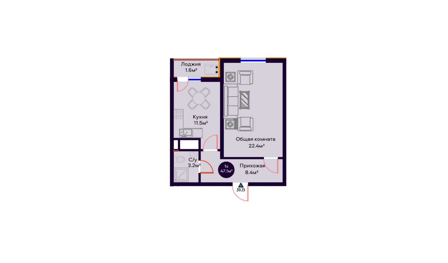 1-комнатная квартира 47.1 м²  7/7 этаж