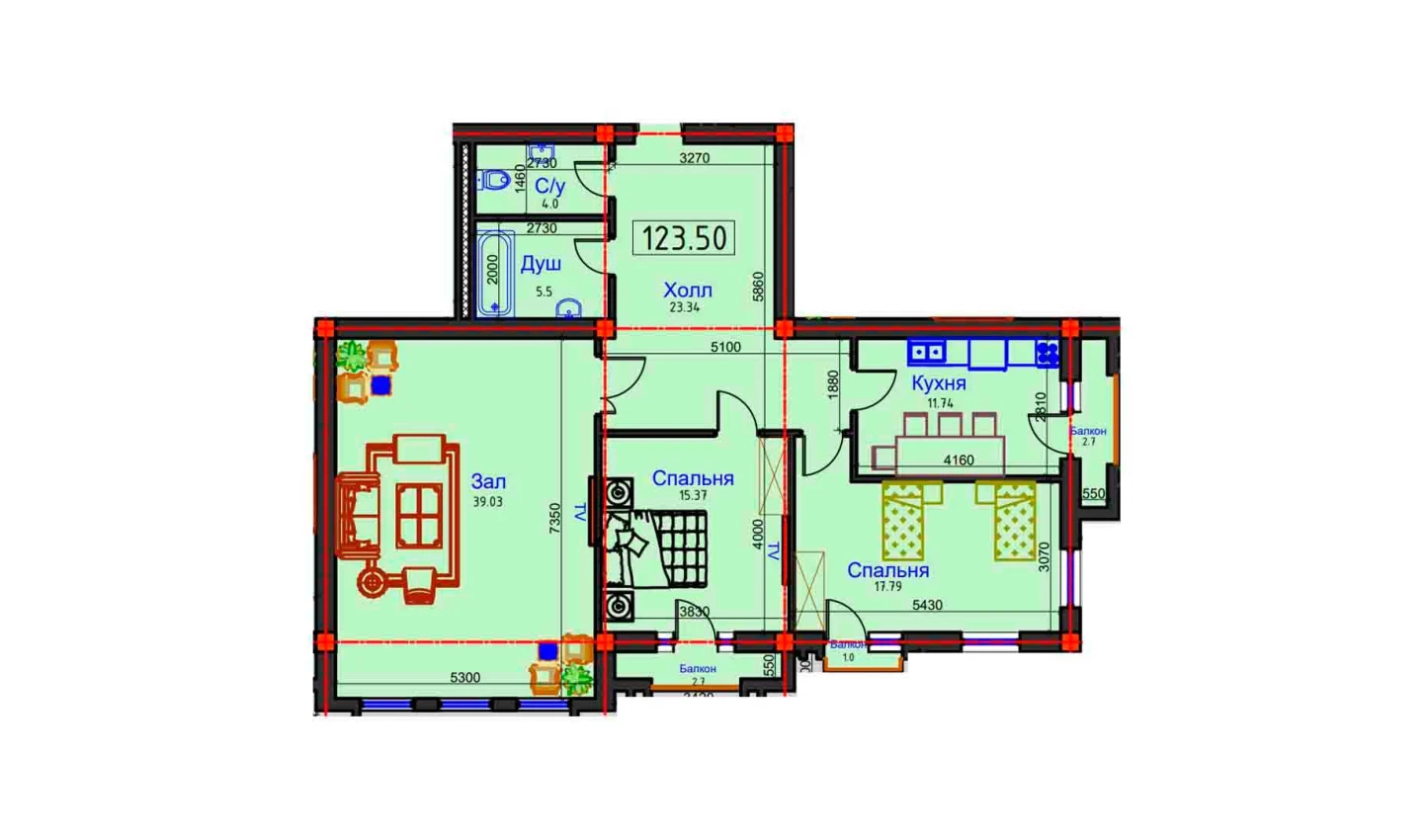 3-комнатная квартира 123.5 м²  7/7 этаж