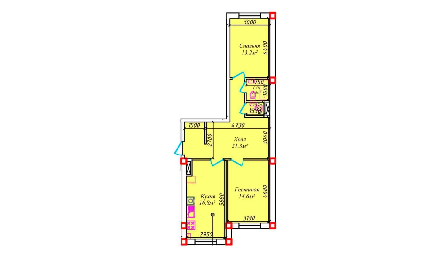 2-xonali xonadon 74.8 m²  1/1 qavat