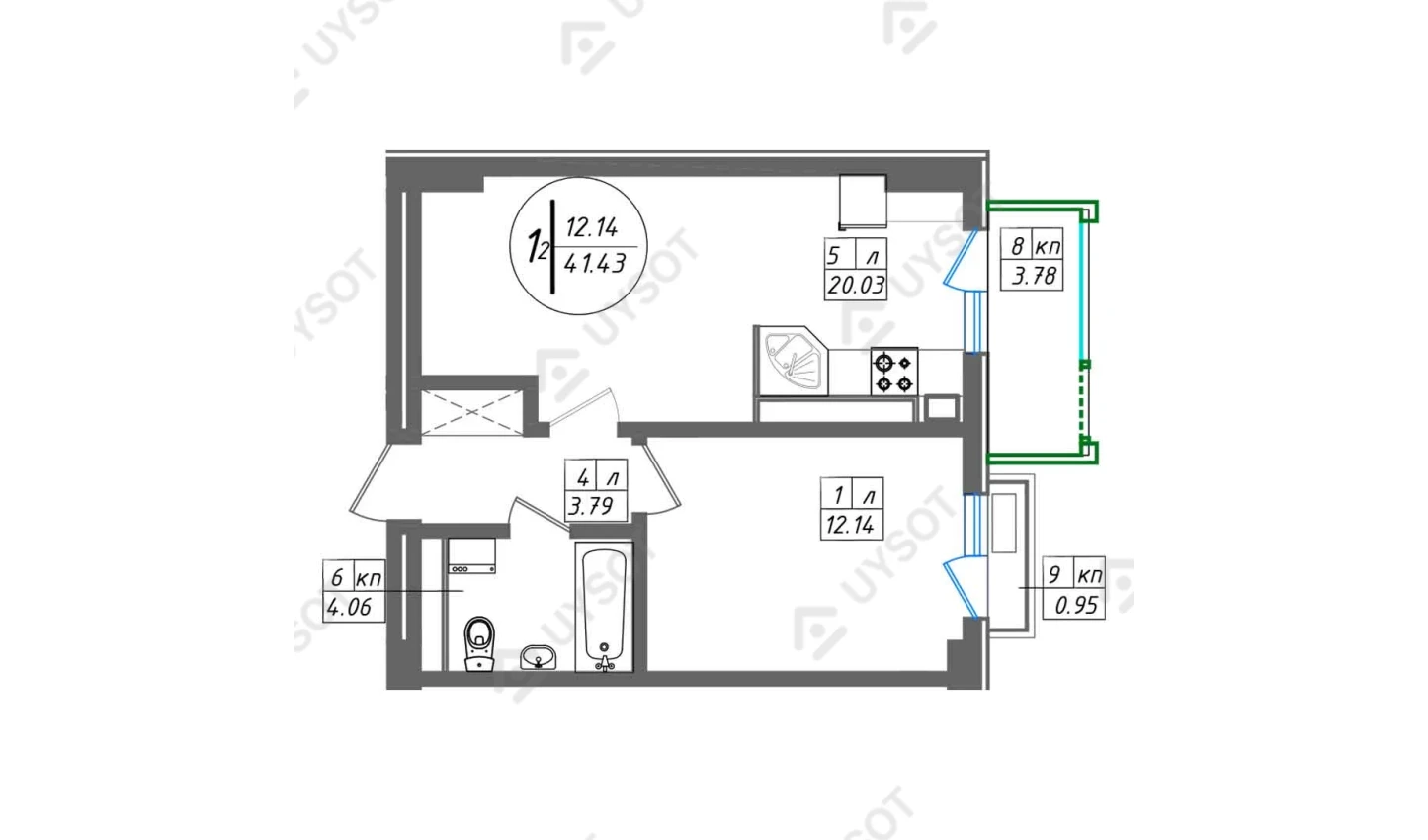 1-комнатная квартира 41.43 м²  13/13 этаж