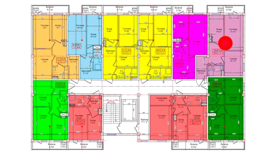 2-комнатная квартира 56 м²  6/6 этаж