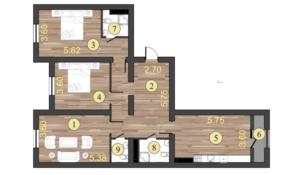 3-xonali xonadon 99.9 m²  1/1 qavat