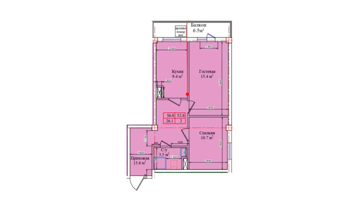 2-комнатная квартира 56 м²  8/8 этаж