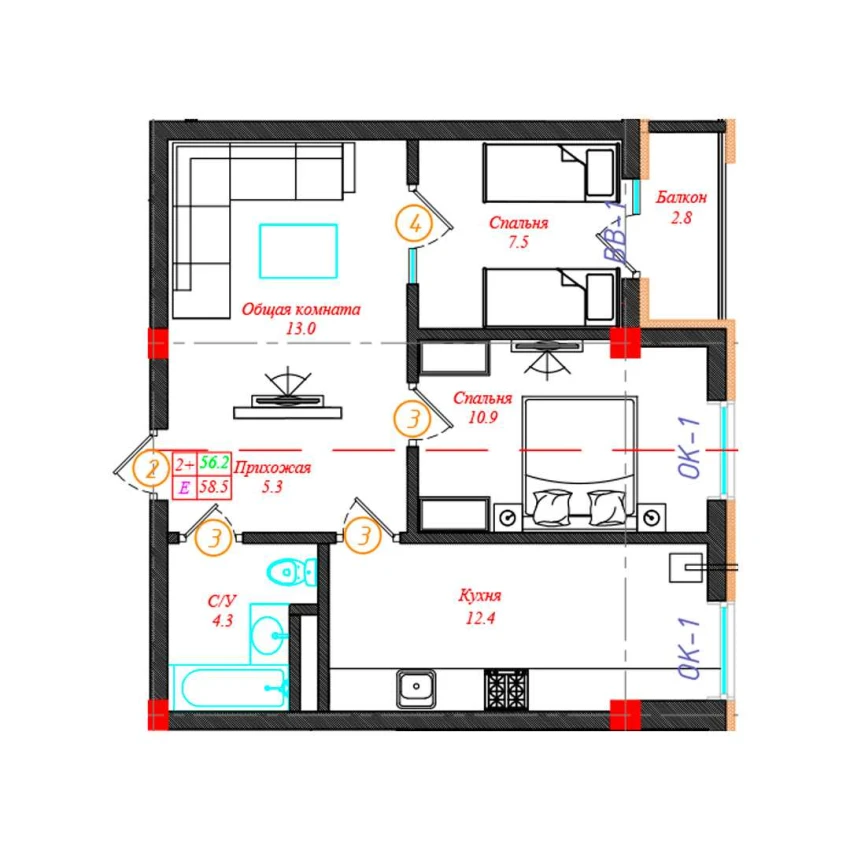 2-xonali xonadon 58.5 m²  9/12 qavat | CHINARA PARK Turar-joy majmuasi