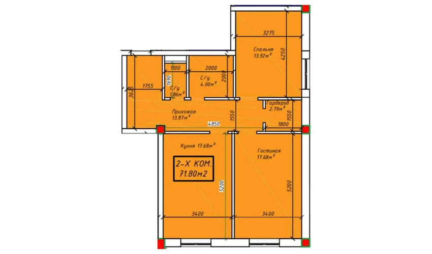 2-комнатная квартира 71.8 м²  3/4 этаж | Жилой комплекс SABZAVOT CITY