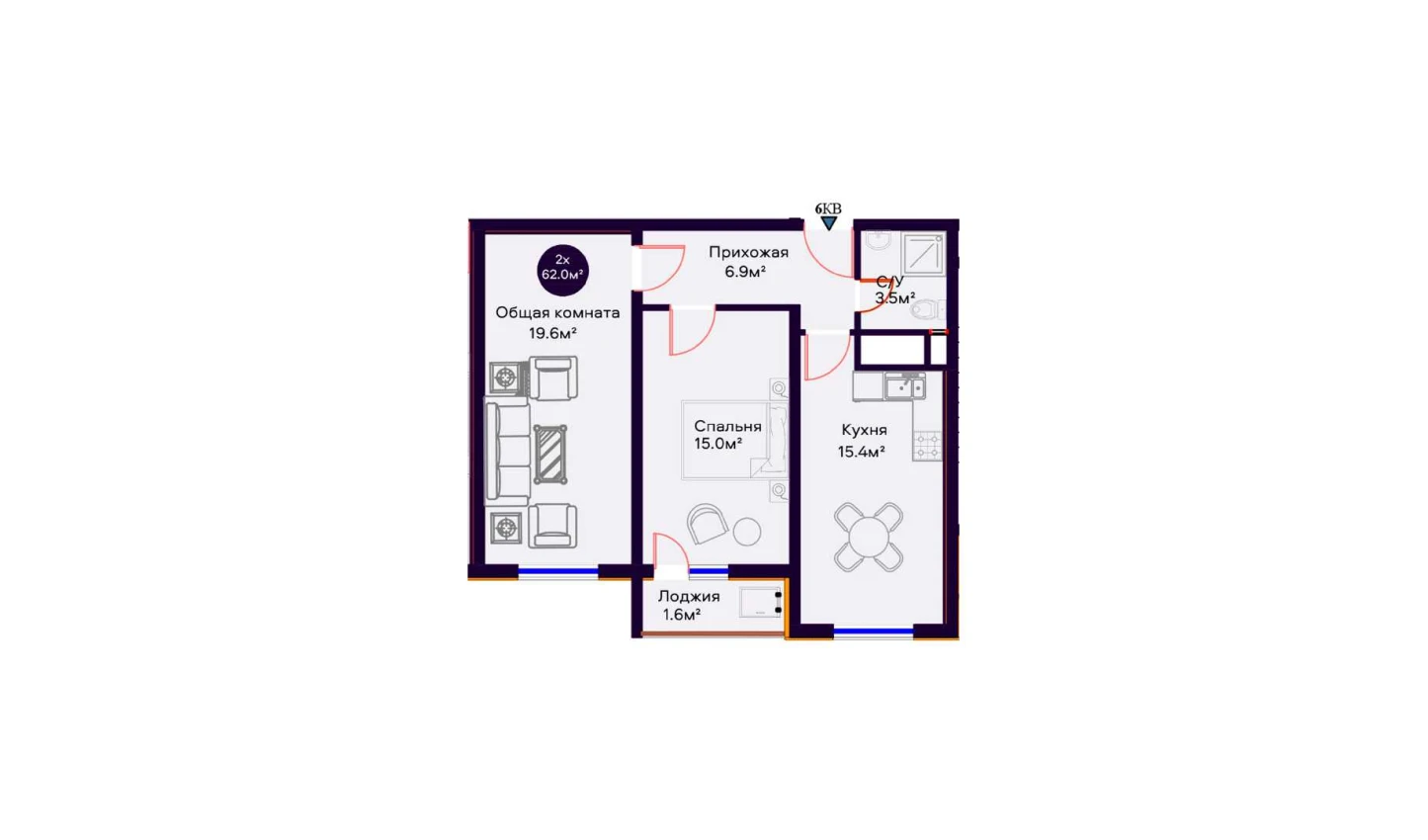 2-комнатная квартира 62 м²  8/8 этаж