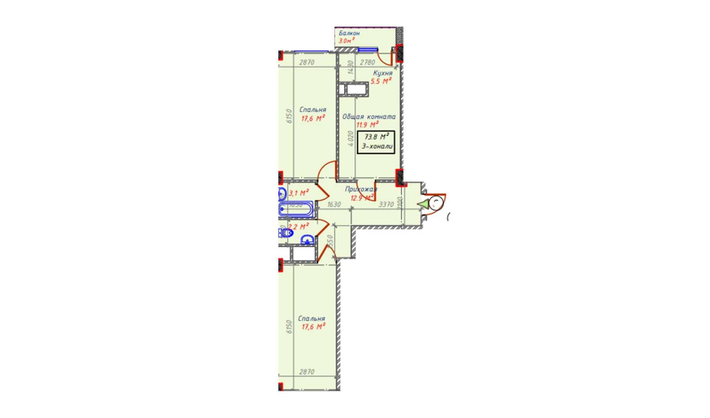 3-xonali xonadon 73.8 m²  15/15 qavat