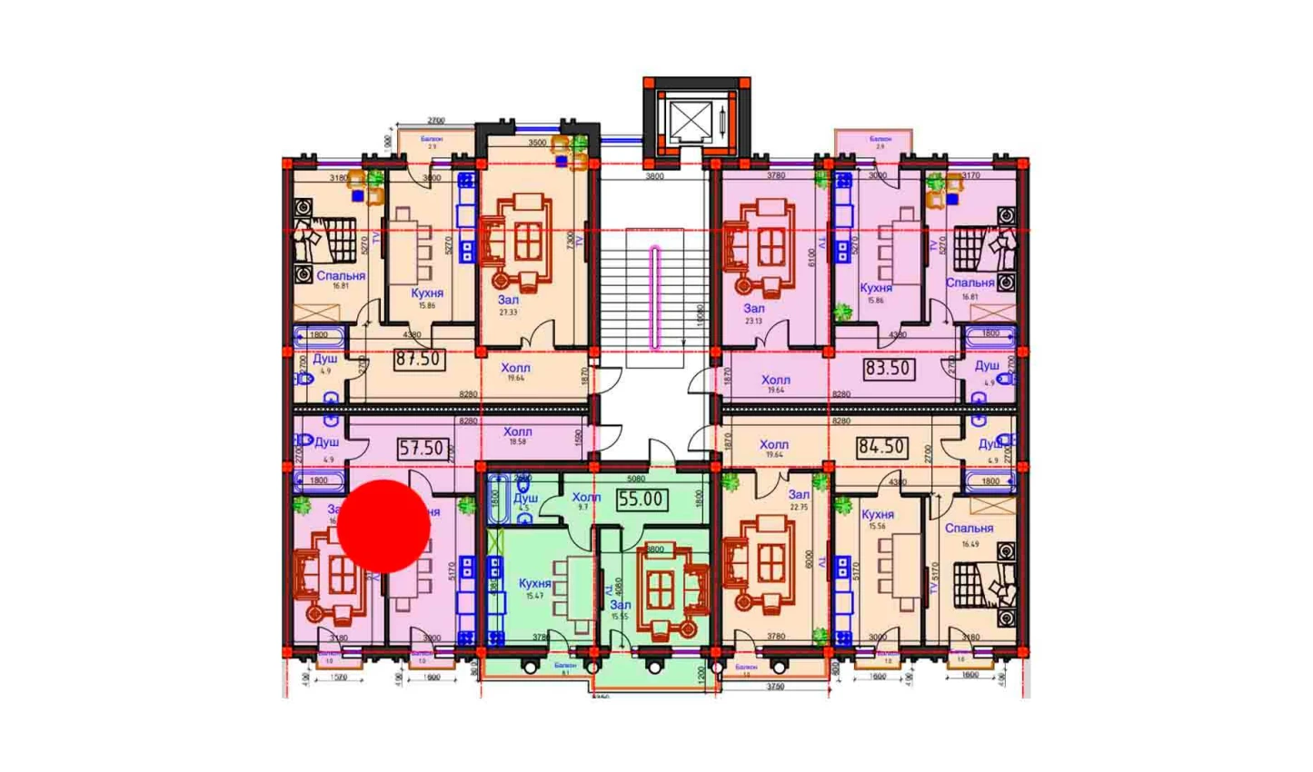 1-xonali xonadon 57.5 m²  8/8 qavat