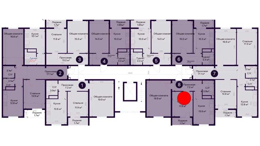 2-комнатная квартира 58 м²  7/7 этаж