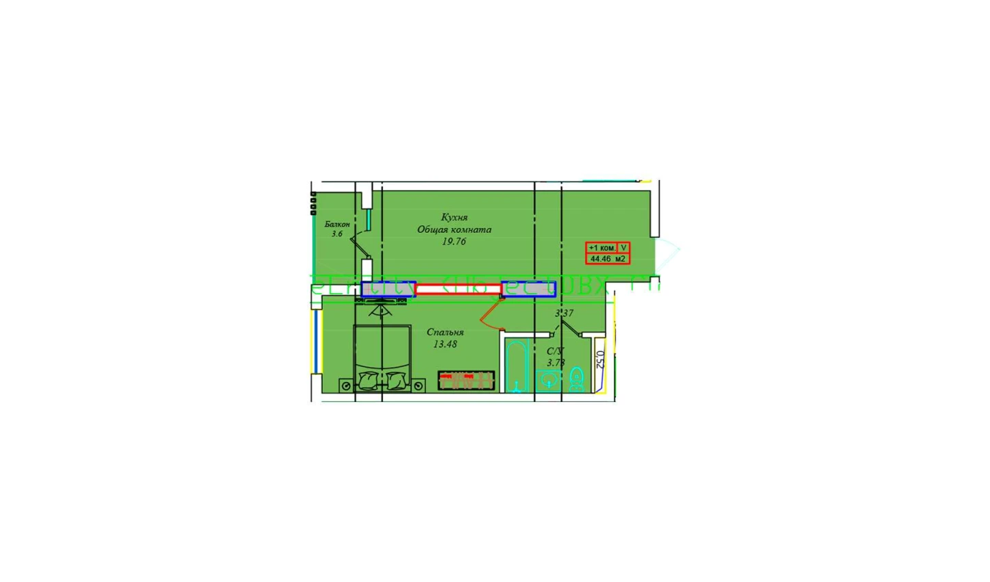 1-комнатная квартира 44.2 м²  16/16 этаж