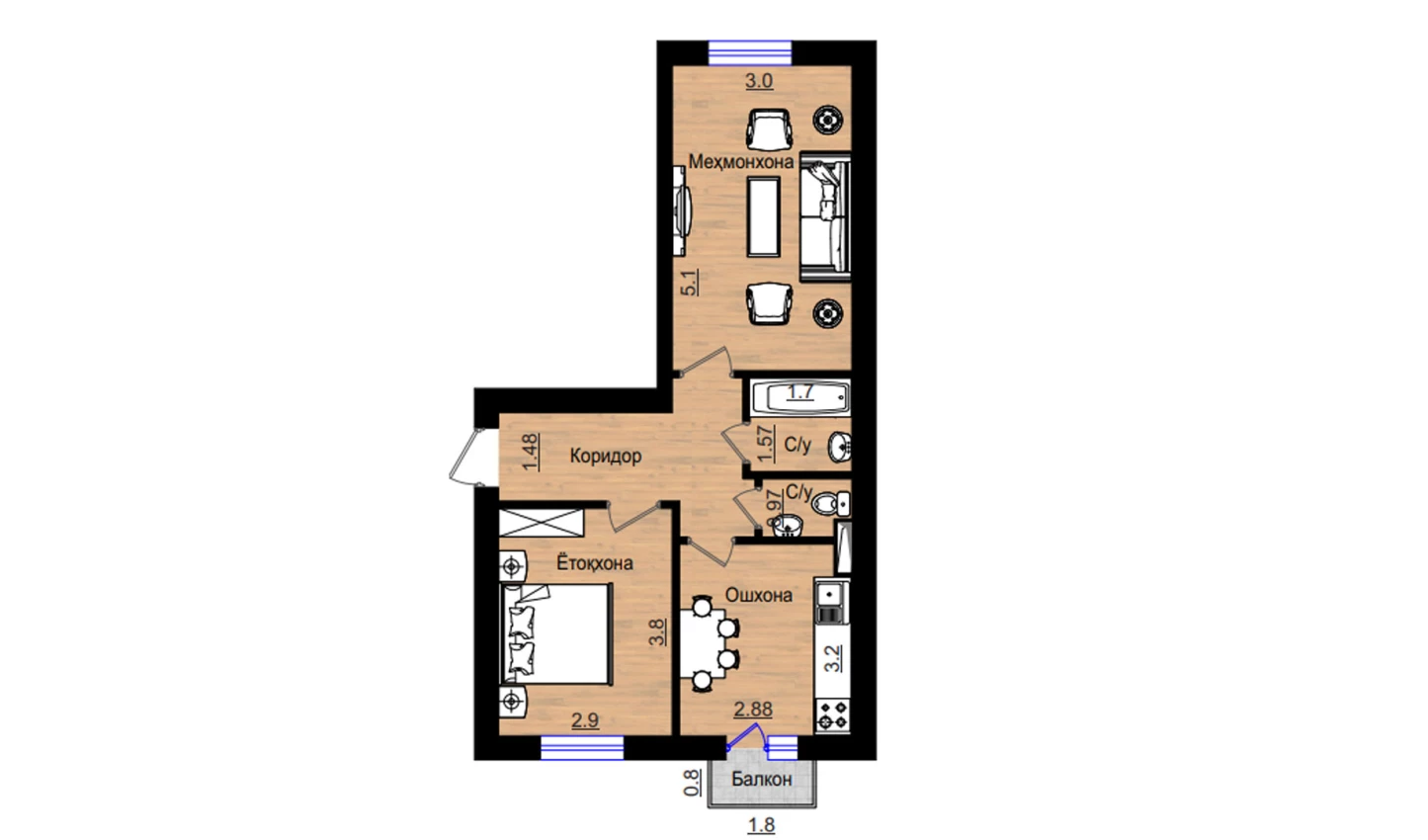 2-комнатная квартира 57.26 м²  4/4 этаж