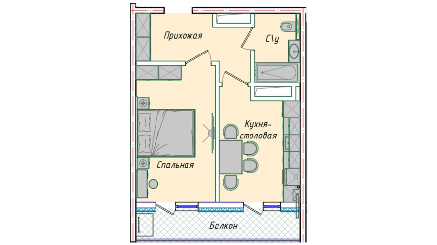 1-xonali xonadon 35.73 m²  16/16 qavat