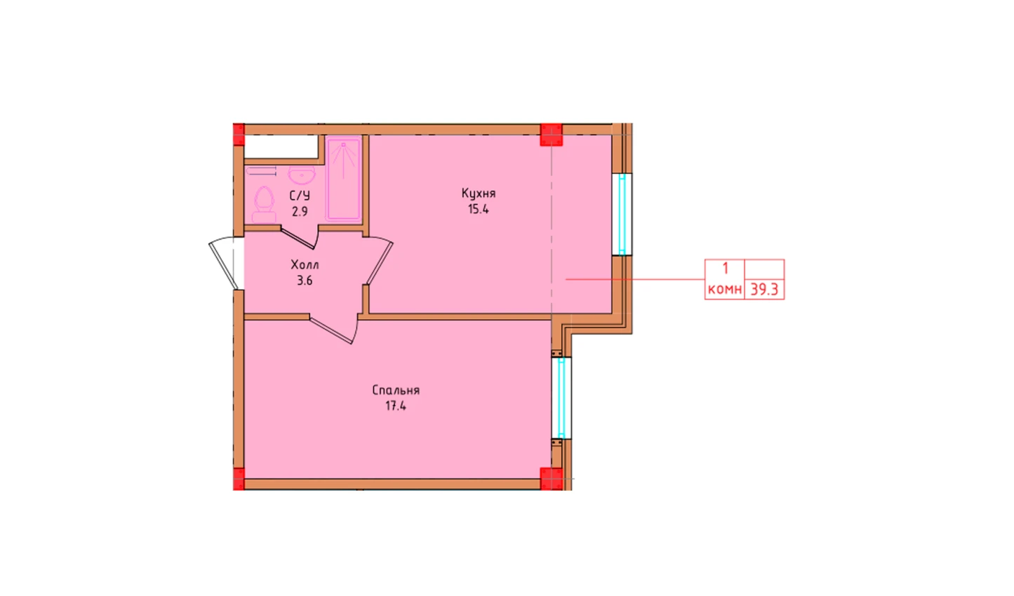 1-xonali xonadon 39.3 m²  8/8 qavat