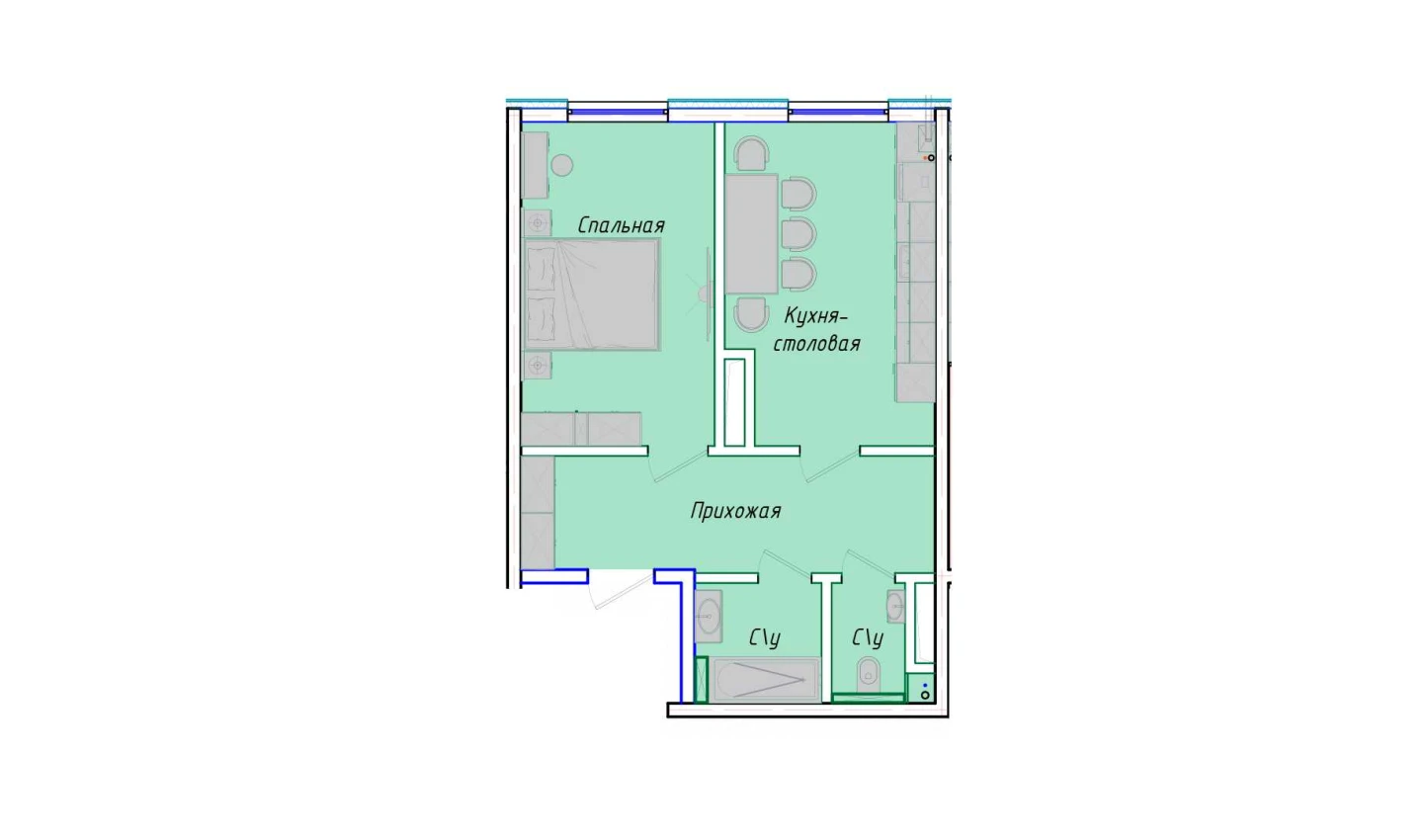 1-комнатная квартира 45.52 м²  1/1 этаж