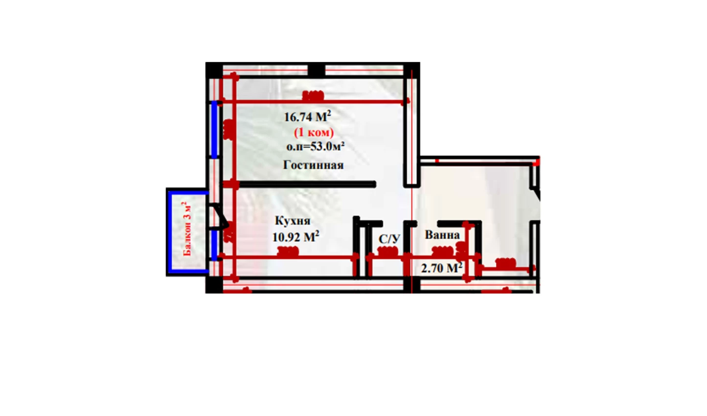 1-xonali xonadon 53 m²  2-9/2-9 qavat