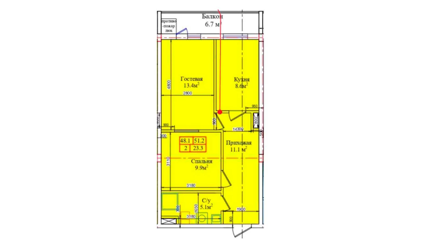 2-комнатная квартира 51.2 м²  4/4 этаж