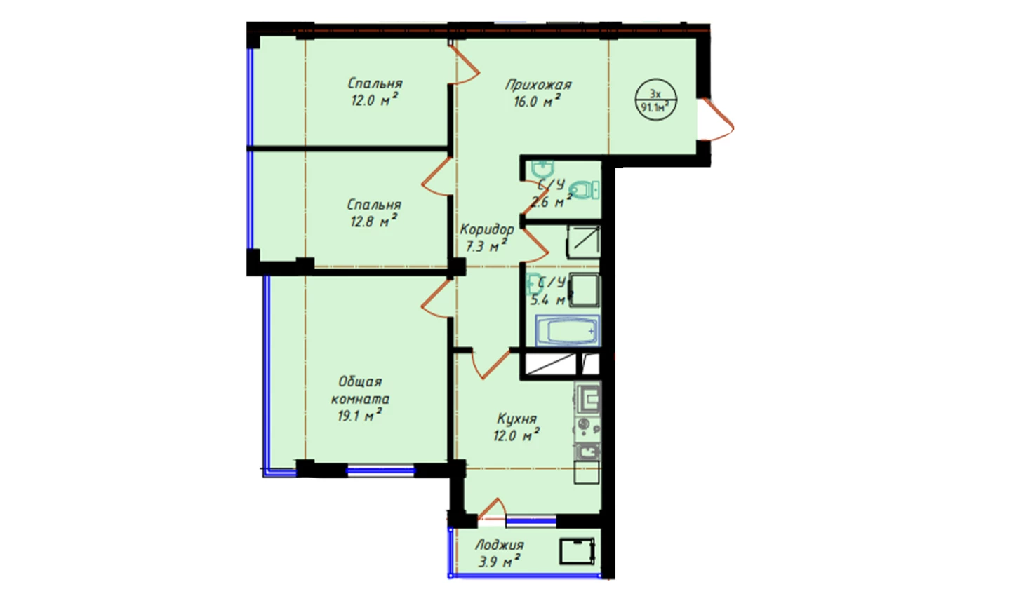 3-xonali xonadon 91.1 m²  3/3 qavat