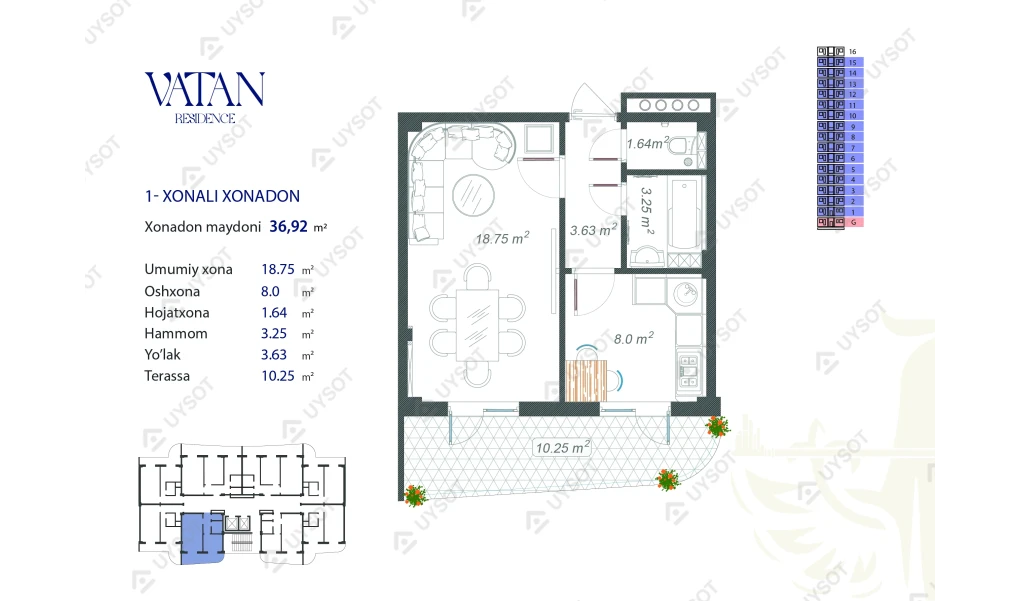 1-xonali xonadon 36.92 m²  15/15 qavat