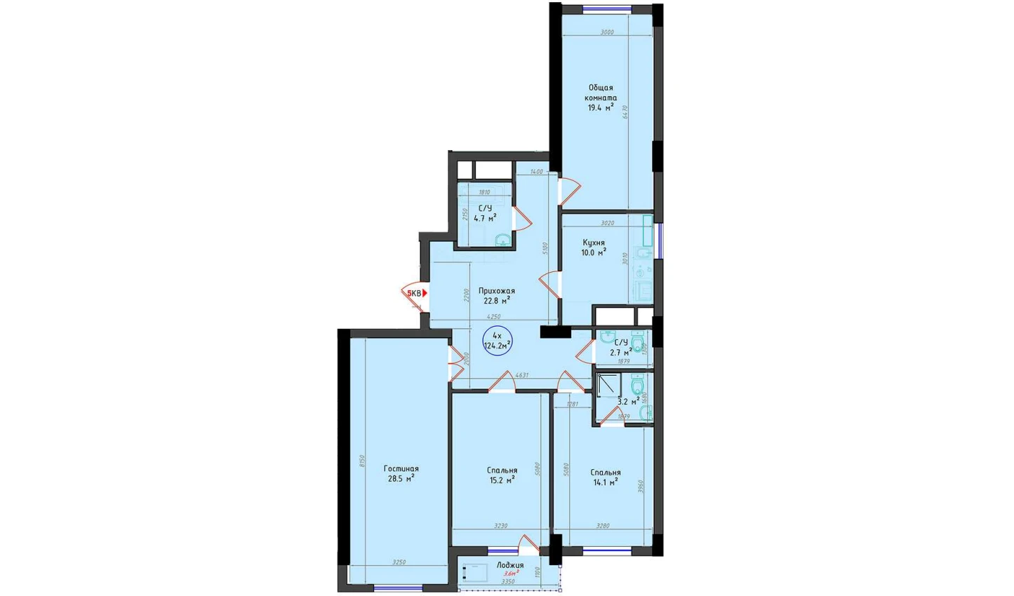 4-xonali xonadon 124.2 m²  6/6 qavat