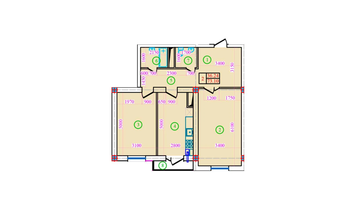 2-xonali xonadon 73.1 m²  2/2 qavat