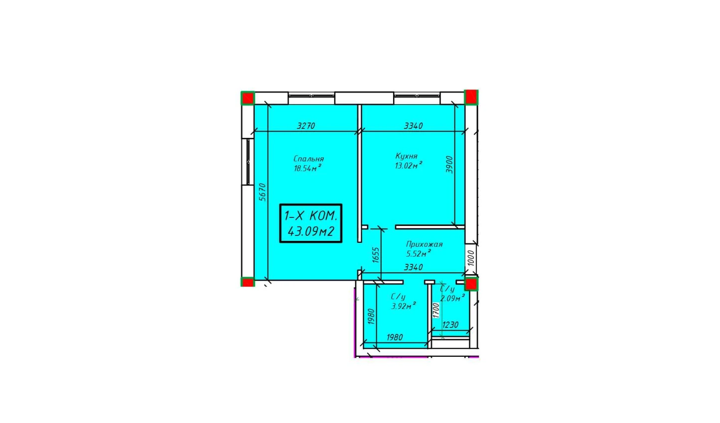 1-xonali xonadon 43.36 m²  2/2 qavat