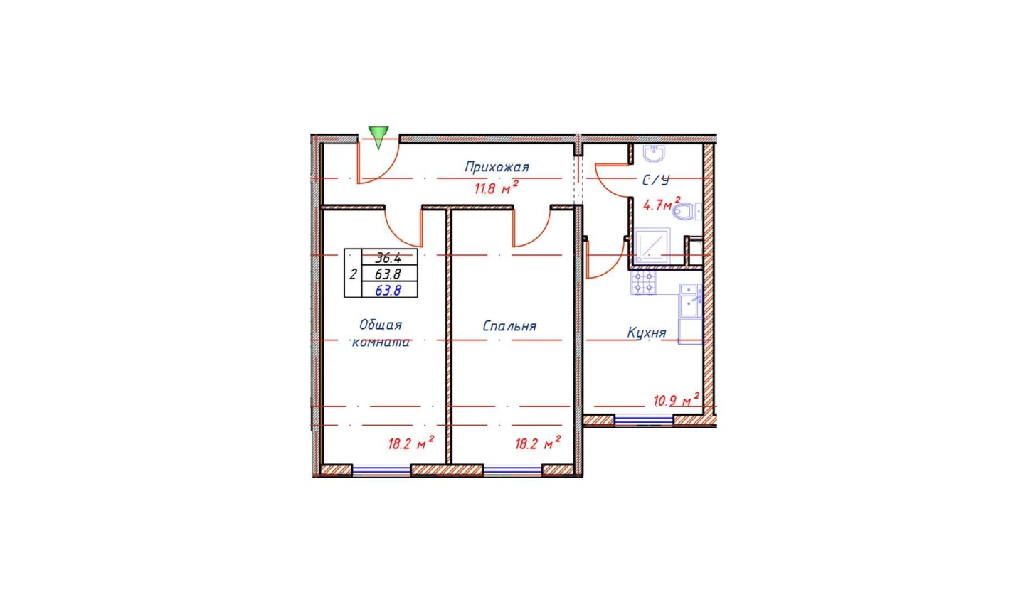 2-xonali xonadon 63.8 m²  1/1 qavat