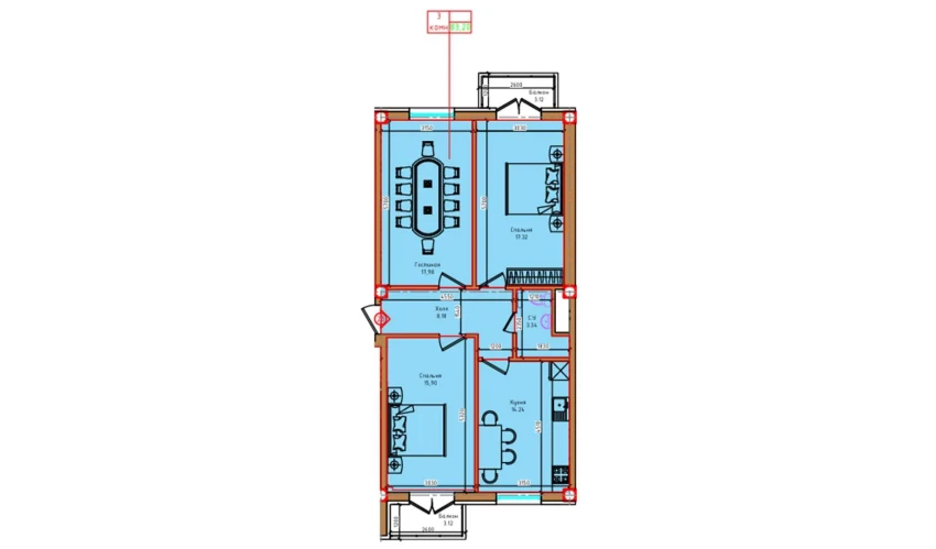 3-xonali xonadon 83.2 m²  7/8 qavat | "Markaz" Turar-joy majmuasi