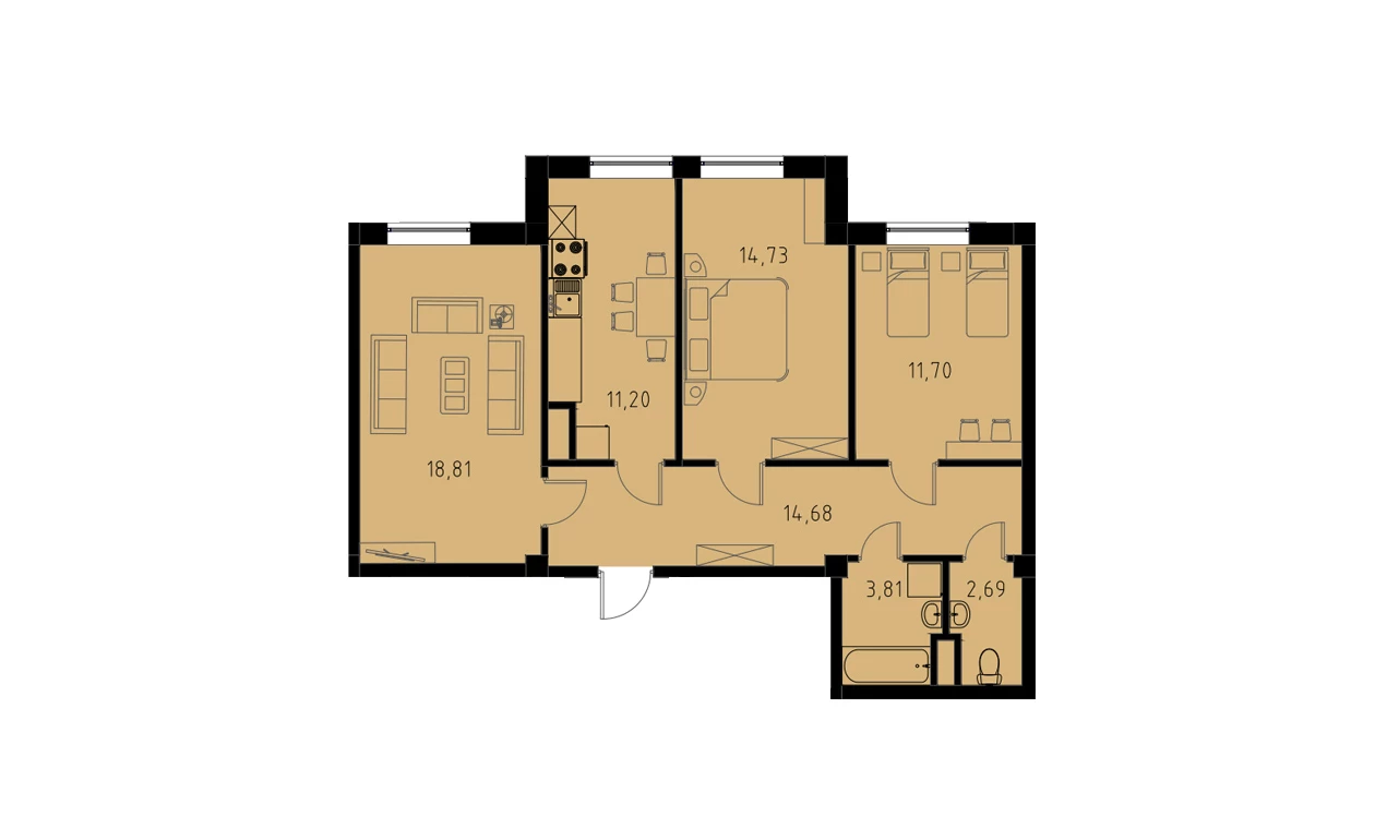 3-xonali xonadon 77.63 m²  6/6 qavat