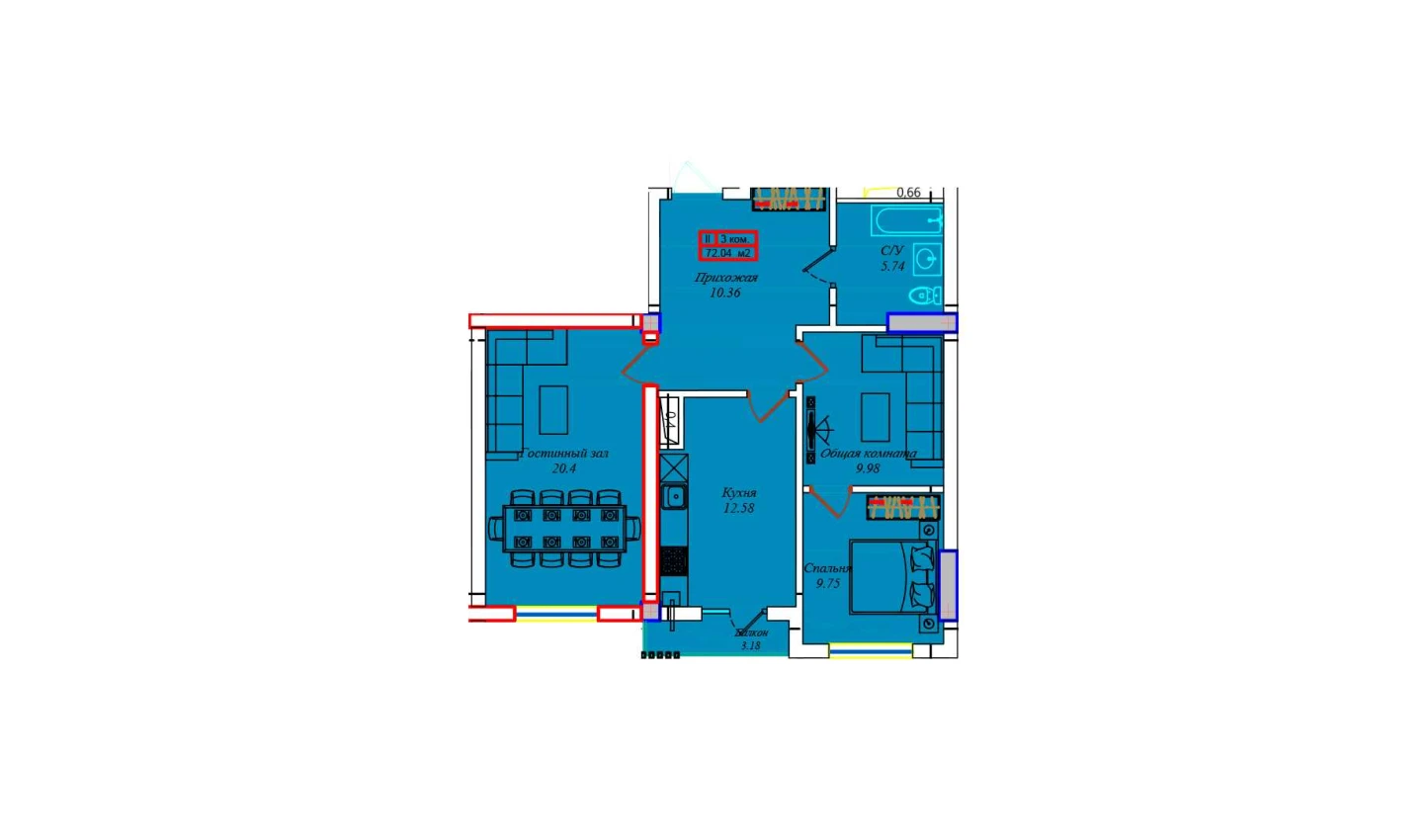 3-xonali xonadon 76.11 m²  4/4 qavat