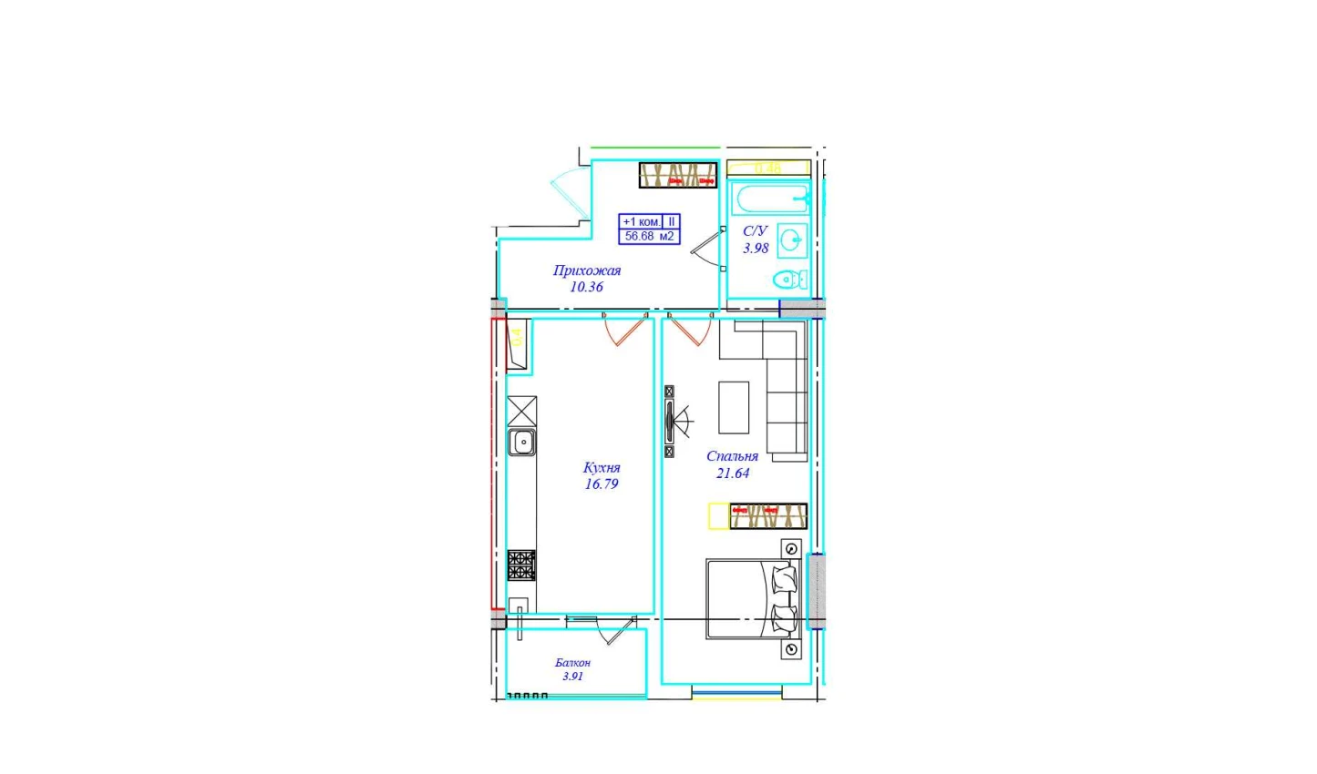 1-комнатная квартира 56.68 м²  8/8 этаж