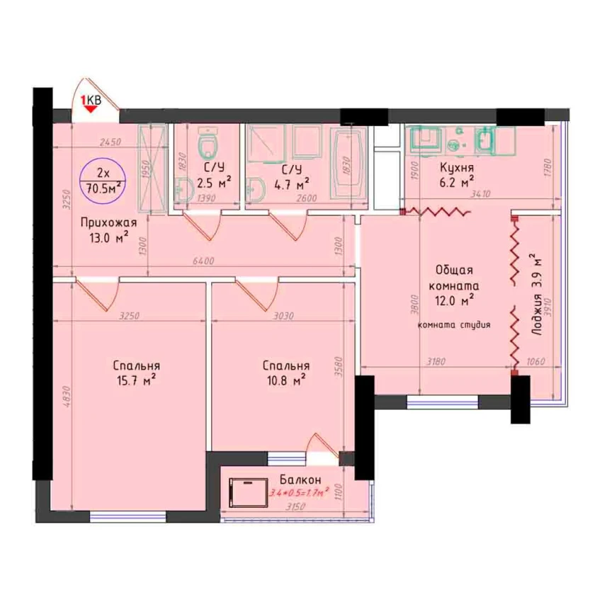 3-комнатная квартира 70.5 м²  20/20 этаж