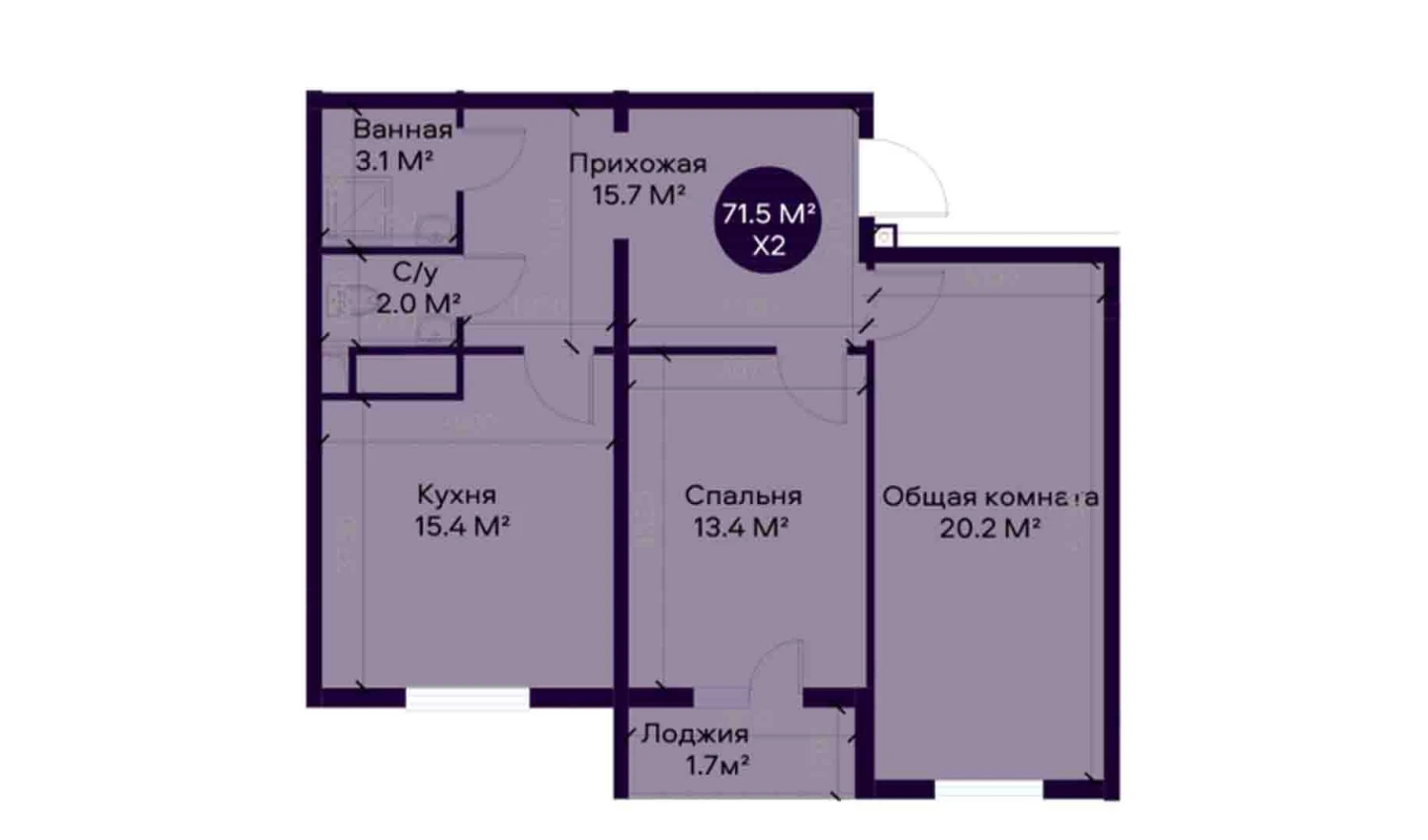 2-xonali xonadon 71.5 m²  4/4 qavat