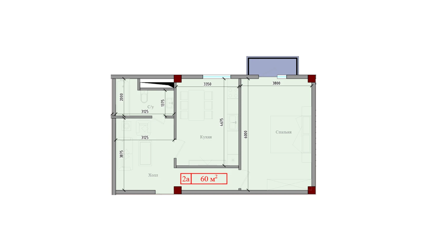 2-комнатная квартира 60 м²  7/7 этаж