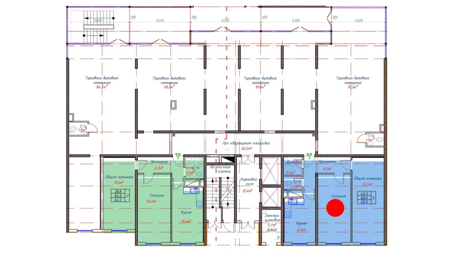 2-комнатная квартира 68 м²  1/1 этаж