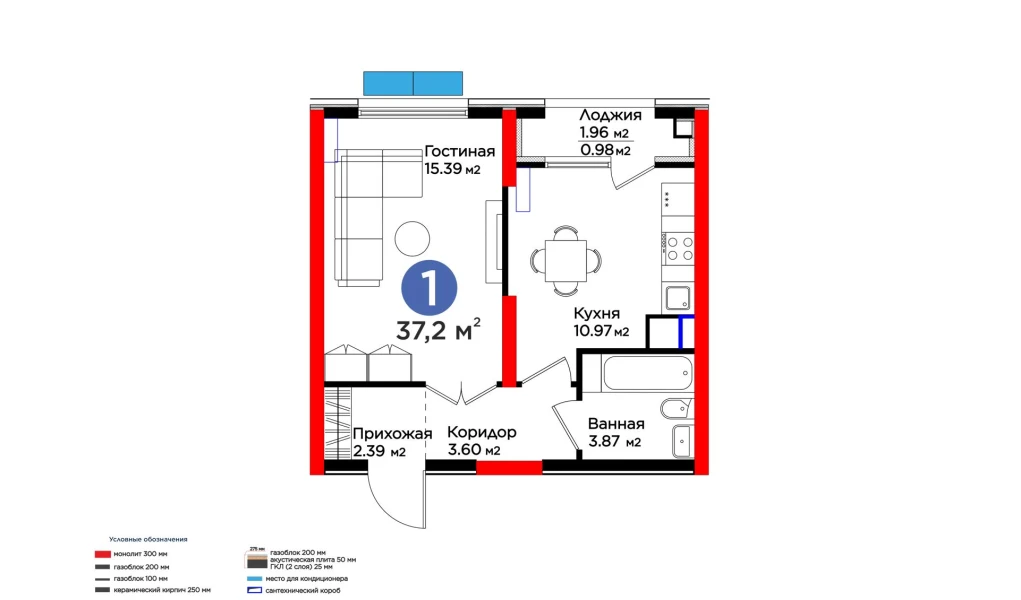 1-комнатная квартира 37.2 м²  5/5 этаж