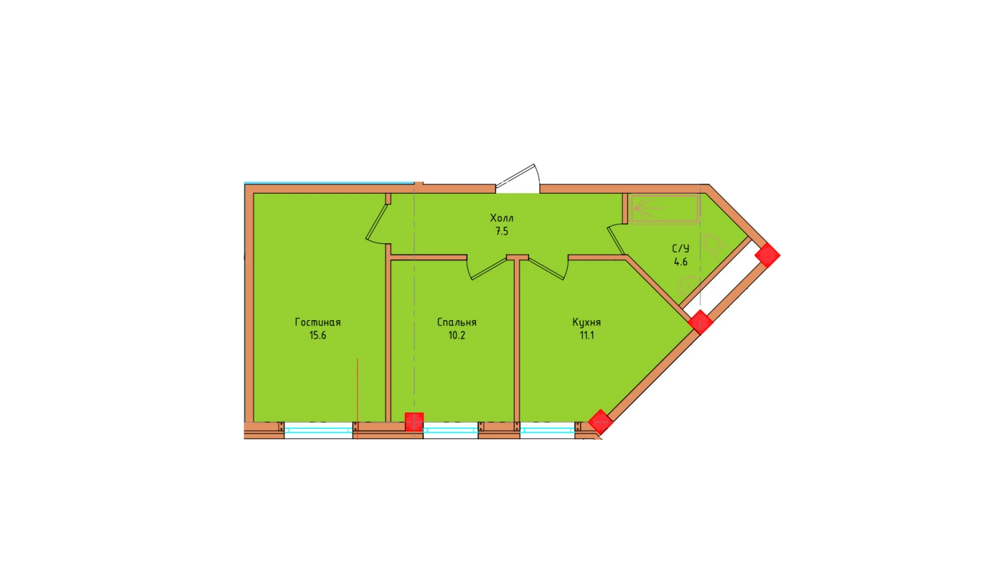 2-комнатная квартира 49 м²  1/1 этаж