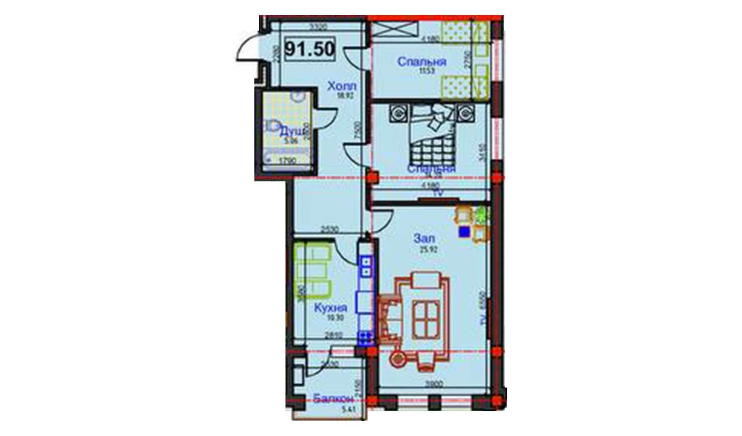 3-комнатная квартира 91.5 м²  4/4 этаж