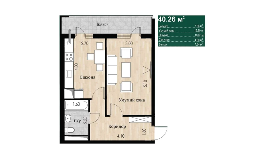 1-xonali xonadon 40.26 m²  14/16 qavat | SOKIN DIYOR Turar-joy majmuasi