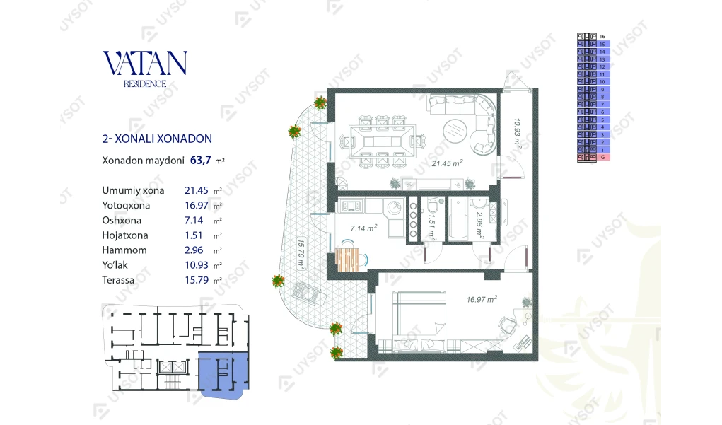 2-xonali xonadon 63.7 m²  15/15 qavat