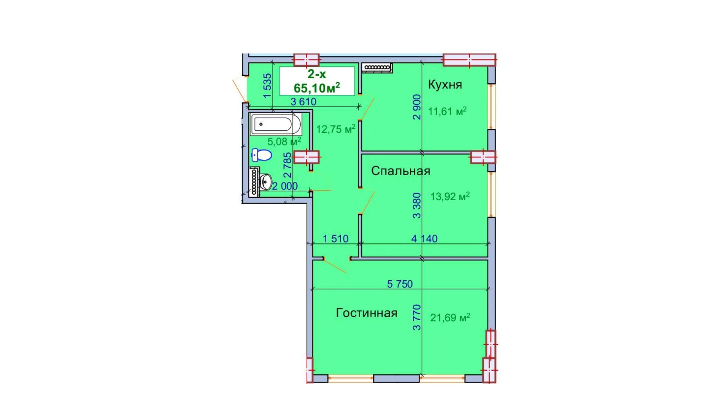 2-комнатная квартира 65.1 м²  1/1 этаж