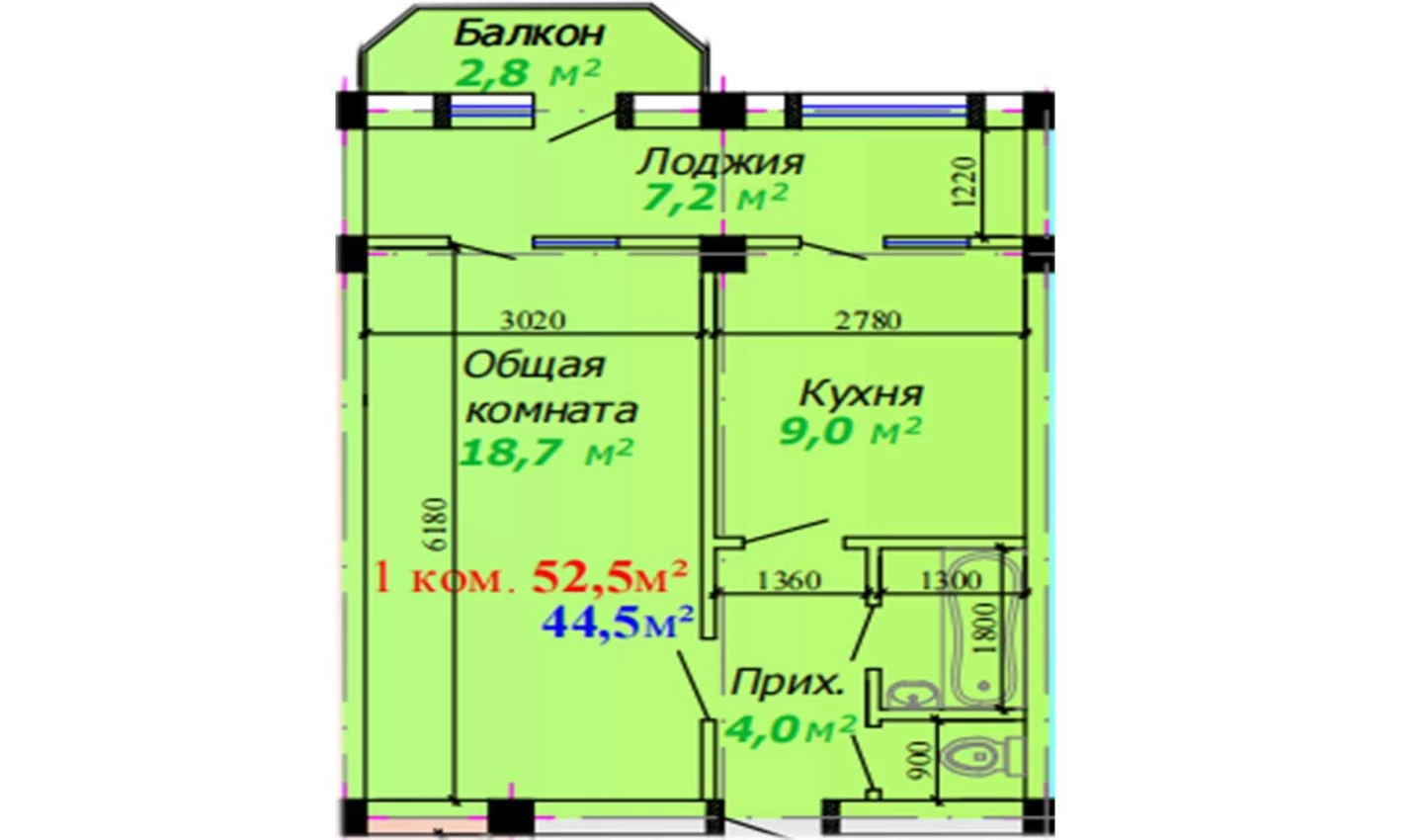 1-комнатная квартира 52.5 м²  2/2 этаж