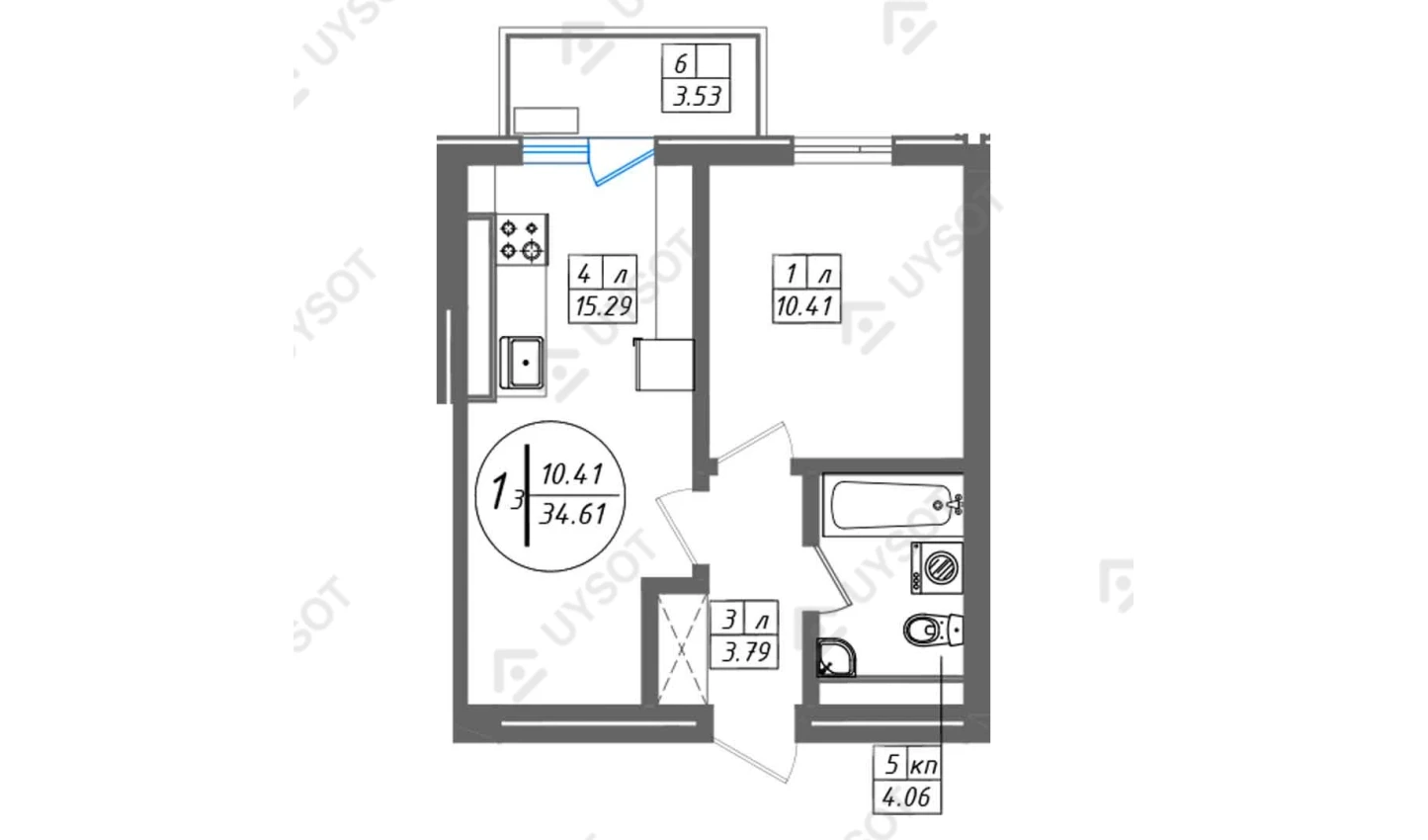 1-комнатная квартира 34.61 м²  10/10 этаж