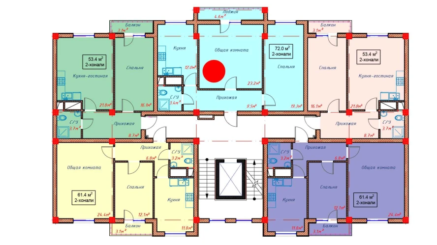 2-комнатная квартира 72 м²  6/6 этаж