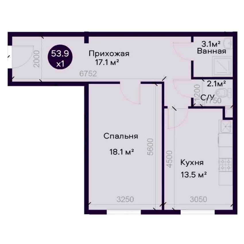 1-комнатная квартира 53.9 м²  1/1 этаж